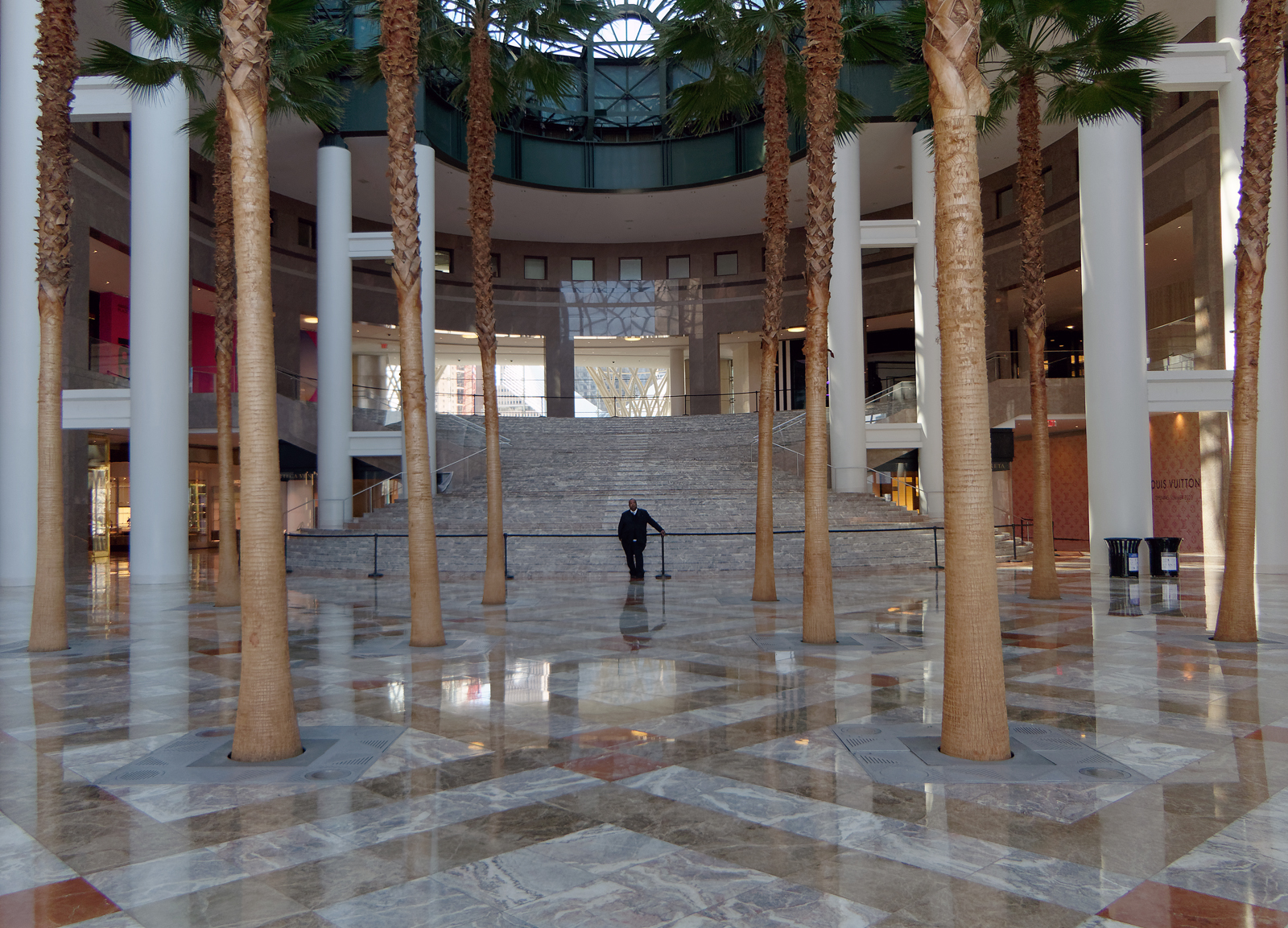 A security guard watches over the Winter Garden at Brookfield Place, where all seating has been removed and the stairs are closed to the public. Photo: Carl Glassman/Tribeca Trib